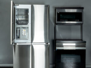 Fridge with beverage centre + stove + microwave stainless steel