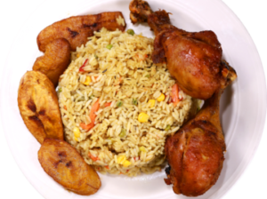 Jollof rice, plantain and chicken