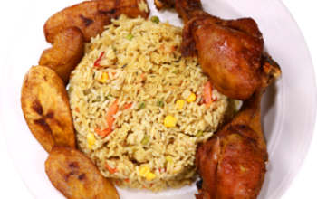 Jollof rice, plantain and chicken