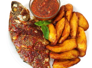 Rice, grilled tilapia and plantain.