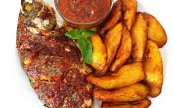 Rice, grilled tilapia and plantain.