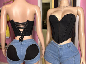 On the scene black lace-up bustier & high-waisted denium short set.