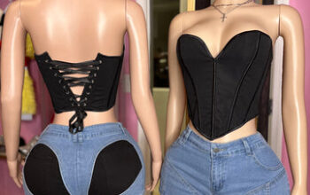 On the scene black lace-up bustier & high-waisted denium short set.